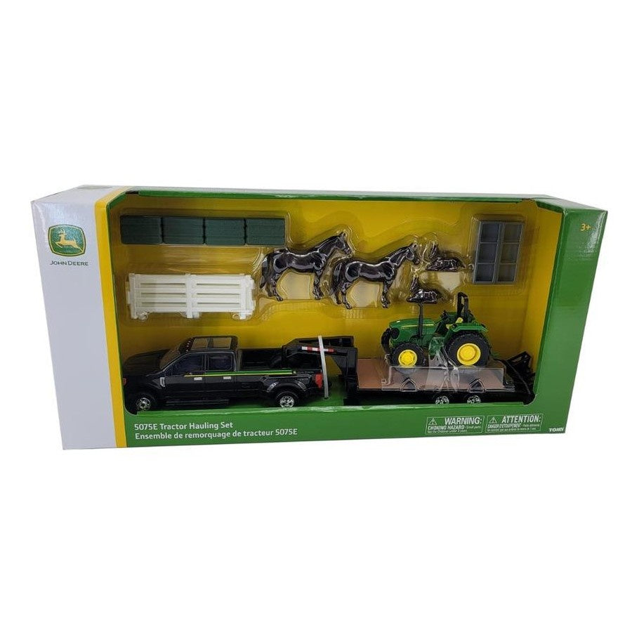 John Deere 5075E Tractor Hauling Set With Ford Pickup and Trailer 1:32 Scale Toy Set