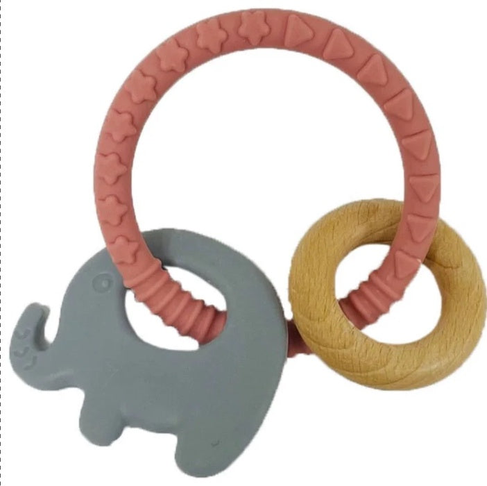 Silicone and Wood Teether Elephant Pink