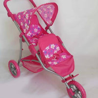Playworld Twin Jogger Dolls Pram Hot Pink with flowers T64748(THIS ITEM IS CLICK AND COLLECT IN STORE ONLY)