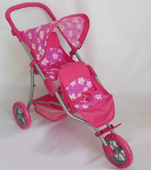 Playworld Twin Jogger Dolls Pram Hot Pink with flowers T64748(THIS ITEM IS CLICK AND COLLECT IN STORE ONLY)
